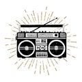 Hand drawn 90s themed badge with boombox player vector illustration Royalty Free Stock Photo