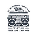 Hand drawn 90s themed badge with boombox player vector illustration. Royalty Free Stock Photo