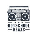 Hand drawn 90s themed badge with boombox player vector illustration. Royalty Free Stock Photo