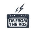 Hand drawn 90s themed badge with cassette tape vector illustration. Royalty Free Stock Photo