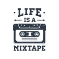 Hand drawn 90s themed badge with cassette tape vector illustration. Royalty Free Stock Photo