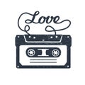 Hand drawn 90s themed badge with cassette tape vector illustration. Royalty Free Stock Photo