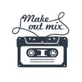 Hand drawn 90s themed badge with cassette tape vector illustration. Royalty Free Stock Photo