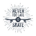 Hand drawn 90s themed badge with skateboard vector illustration. Royalty Free Stock Photo