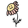 Hand drawn sad chamomile flower in simple doodle style. Perfect for tee, stickers, poster, card. Isolated vector illustration for