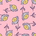 Hand drawn sad chamomile flowers seamless pattern in simple doodle style. Perfect print for tee, paper, textile and fabric. Summer Royalty Free Stock Photo