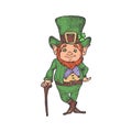 Hand Drawn Saint Patricks Day Color Vector Illustration. Leprechaun in a Hat Abstract Sketch. Irish Holiday Engraving
