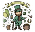 hand drawn saint patricks set of colorful design elements. Vector line illustration. Irish set with clover, leprechaun