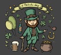 hand drawn saint patricks set of colorful design elements. Vector line illustration. Irish set with clover, leprechaun