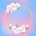 Hand drawn sakura blossom peach white flower plant decorative illustration, blue pink gradient vector background