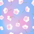 Hand drawn sakura blossom peach white flowers botanical decorative illustration, blue pink gradient seamless vector background