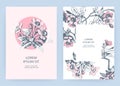 Hand drawn sakura pink blossom flowers and leaves on branches on white background, vintage style pastel color vector illustration Royalty Free Stock Photo