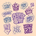 Hand drawn sale vector signs set - great sale, hit, limited time offer, low price, best choice Royalty Free Stock Photo