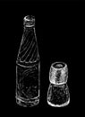 Hand drawn salt and pepper mill, shaker, grinder and bottle of water. Vector sketch illustration on black background. White line Royalty Free Stock Photo