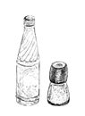 Hand drawn salt and pepper mill, shaker, grinder and bottle of water. Vector sketch illustration isolated on white background. Royalty Free Stock Photo