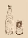 Hand drawn salt and pepper mill, shaker, grinder and bottle of water. Vector sketch illustration on light beige background. Brown