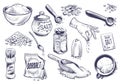 Hand drawn salt. Salting crystal, glass bottle with powder, spoon with spice, saltshaker collection, himalayan or sea