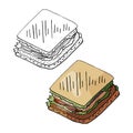 Hand drawn sandwich black and white and color isolated on white background. Vector street food, sandwich