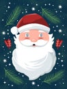 Hand drawn Santa Claus on dark blue background with stars, snow and decoration. Colorful festive holiday vector Royalty Free Stock Photo