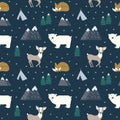 Hand drawn scandinavian animals in the forest, seamless pattern.