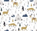 Hand drawn scandinavian animals in the forest, seamless pattern. Scandinavian style traditional. Vector illustration.