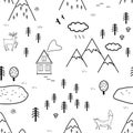 Hand drawn scandinavian landscape with animals, trees, lake, and mountains, seamless pattern. Scandinavian style Royalty Free Stock Photo