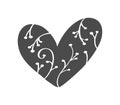 Hand drawn scandinavian Velentines Day heart with ornament flourish icon silhouette. Vector Simple contour valentine