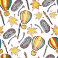 Hand drawn school seamless pattern with autumn leaves,balloons, paints and brushes.
