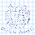 Hand Drawn School Symbols. Children Drawings of Ball, Books,Pencils, Rulers, Flask, Compass, Arrows Arranged in a Circle on a Shee Royalty Free Stock Photo