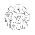 Hand Drawn School Symbols. Children Drawings of Ball, Books,Pencils, Rulers, Flask, Compass, Arrows Arranged in a Circle.