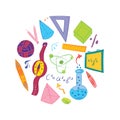Hand Drawn School Symbols. Children Drawings of Ball, Books,Pencils, Rulers, Flask, Compass, Arrows Arranged in a Circle. Vector I