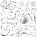 Hand Drawn School Symbols. Children Drawings of Ball, Books,Pensils, Rulers, Flask, Compass, Arrows.