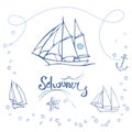 Hand-drawn schooners and graphic elements on the theme of the sea and sailing. Vector black and white sketch