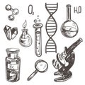 Hand drawn science beautiful vintage lab icons sketch set . Vector illustration. Royalty Free Stock Photo