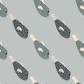 Hand drawn scrapbook seamless pattern in grey and blue fish elements print. Blue pastel background. Simple style