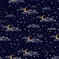 Hand drawn scratch style night sky with moon and cloud Space, Among stars seamless pattern vector ,Design for fashion , fabric, Royalty Free Stock Photo