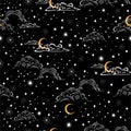 Hand drawn scratch style night sky with moon ,stars and cloud Space, Among stars seamless pattern vector ,Design for fashion , Royalty Free Stock Photo