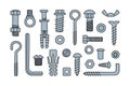 Hand drawn screw, bolts, fasteners. Bolts, screws, nuts, dowels and rivets in doodle style. Hand drawn building material