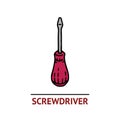 Hand drawn screwdriver icon. Professional labor construction tool with gray and pink colors