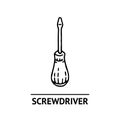 Hand drawn screwdriver icon. Professional labor construction tool with monochrome black and white colors