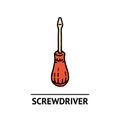 Hand drawn screwdriver icon. Professional labor construction tool with orange and beige colors