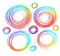 a set of bright hand-drawn circle doodles with a blank space for text inside  a lot of lines cyclic chaotic multi-colored green Royalty Free Stock Photo