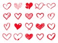 Hand drawn scribble hearts. Painted heart shaped elements for valentines day greeting card. Doodle red love hearts Royalty Free Stock Photo