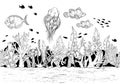 Hand drawn sea anemones coral reef, oceanic animal. Black and white Royalty Free Stock Photo