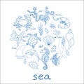 Hand drawn sea doodle Icons collection on white background. Vector illustration Royalty Free Stock Photo