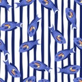 Hand drawn sea fauna seamless pattern with random bright blue surgeon fish elements. Striped background Royalty Free Stock Photo