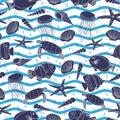 Hand drawn sea life with blue waves and bubbles on a white background