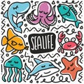 hand drawn sea life doodle set