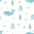 Hand drawn sea life seamless pattern. Unique marine life objects. Save the ocean texture. Doodle underwater seascape Royalty Free Stock Photo