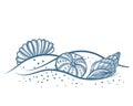 Hand drawn sea shells on the sand. Illustration of blue seashells on a white background. Royalty Free Stock Photo